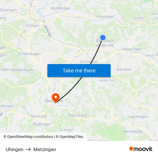 Uhingen to Metzingen map