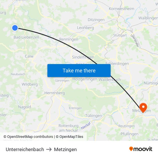 Unterreichenbach to Metzingen map