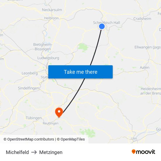 Michelfeld to Metzingen map