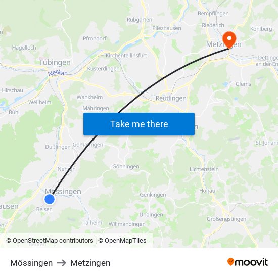 Mössingen to Metzingen map