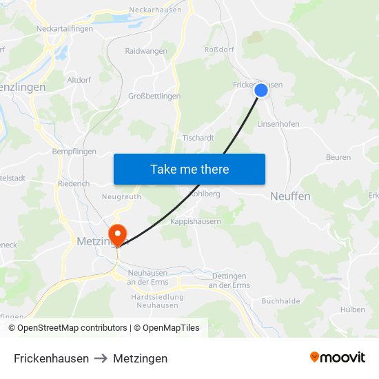 Frickenhausen to Metzingen map