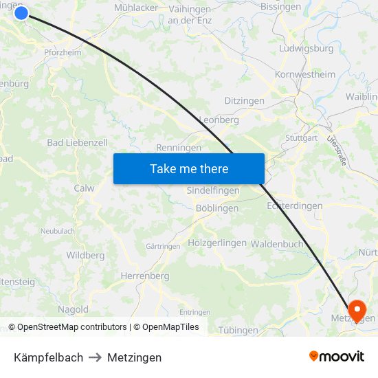 Kämpfelbach to Metzingen map