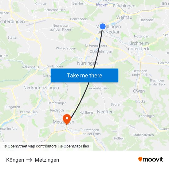 Köngen to Metzingen map