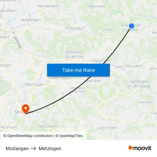 Mutlangen to Metzingen map