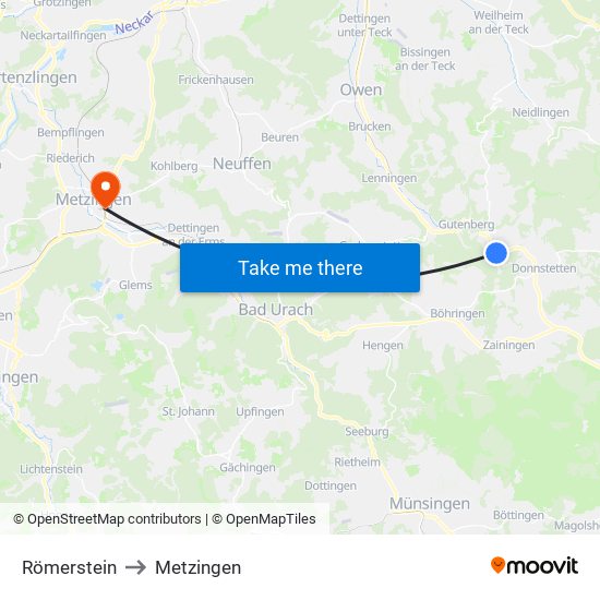 Römerstein to Metzingen map