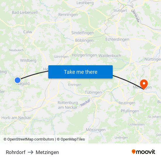 Rohrdorf to Metzingen map