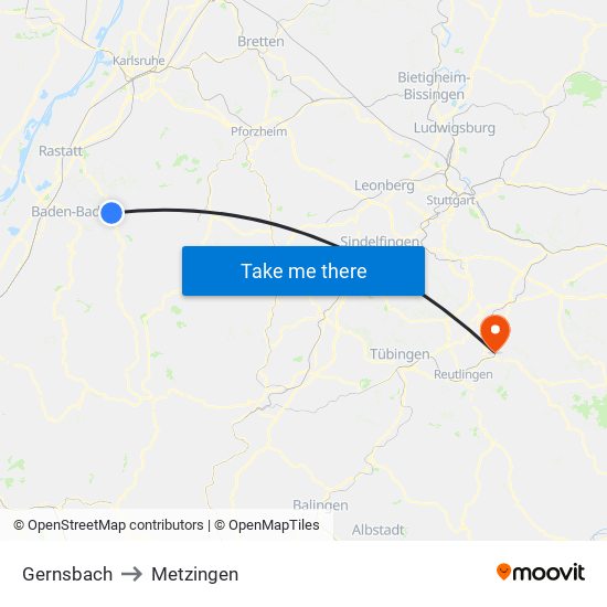 Gernsbach to Metzingen map