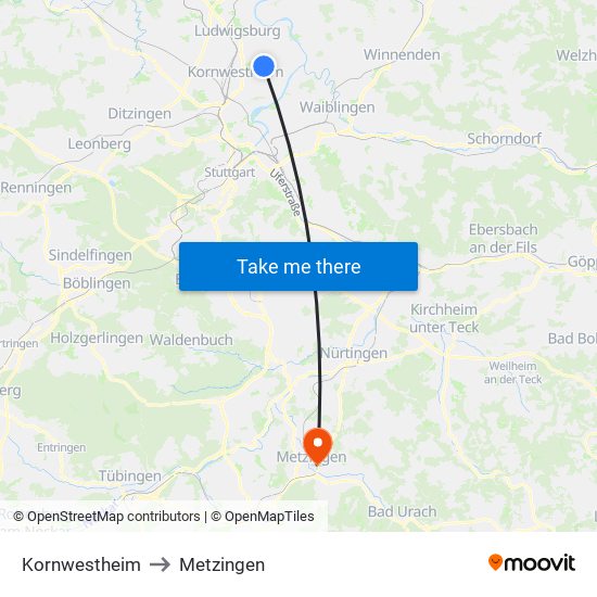 Kornwestheim to Metzingen map