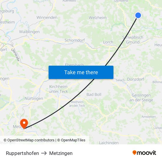 Ruppertshofen to Metzingen map