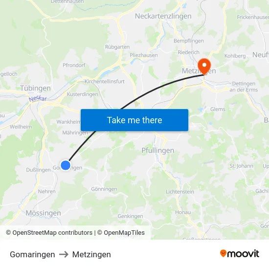 Gomaringen to Metzingen map