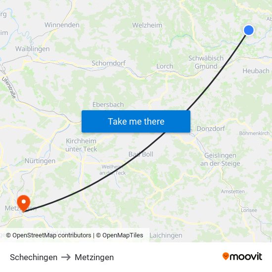 Schechingen to Metzingen map