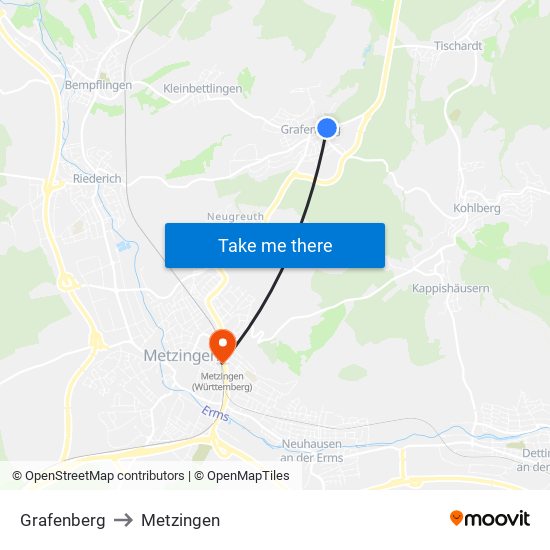 Grafenberg to Metzingen map