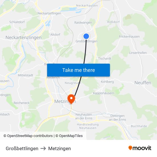 Großbettlingen to Metzingen map