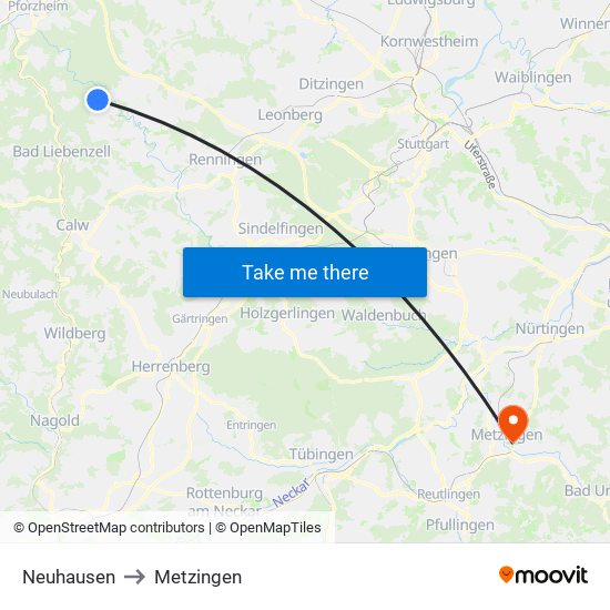 Neuhausen to Metzingen map