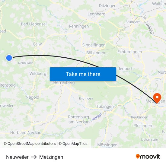 Neuweiler to Metzingen map