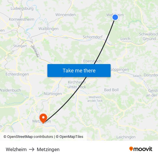 Welzheim to Metzingen map