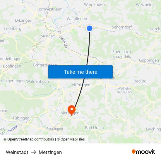 Weinstadt to Metzingen map