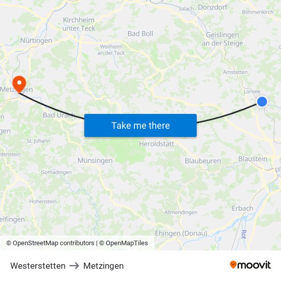 Westerstetten to Metzingen map