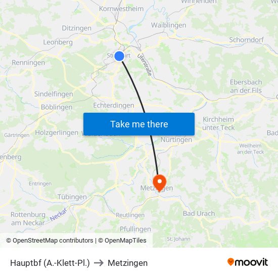 Hauptbf (A.-Klett-Pl.) to Metzingen map