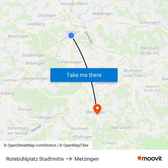 Rotebühlplatz Stadtmitte to Metzingen map