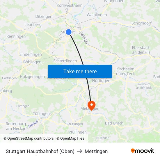 Stuttgart Hauptbahnhof (Oben) to Metzingen map