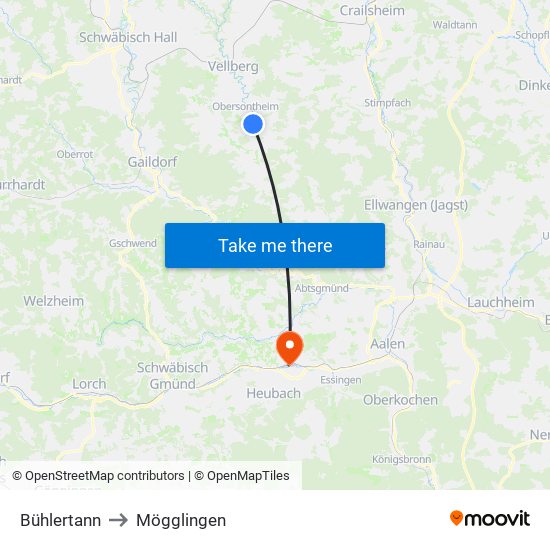 Bühlertann to Mögglingen map