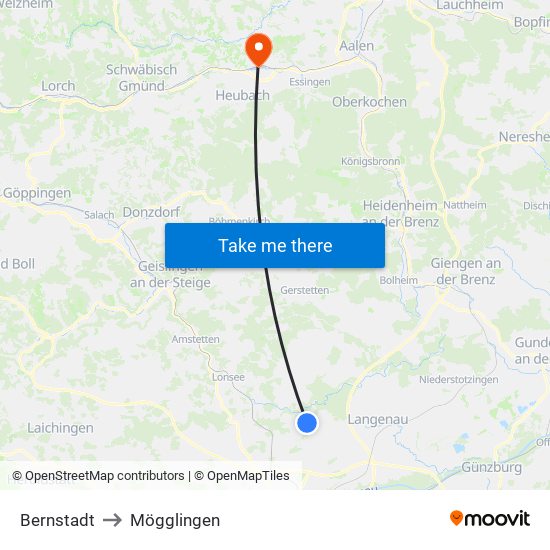 Bernstadt to Mögglingen map
