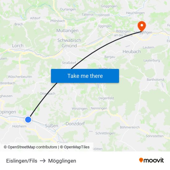 Eislingen/Fils to Mögglingen map