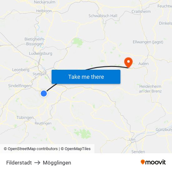 Filderstadt to Mögglingen map