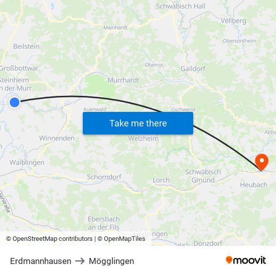 Erdmannhausen to Mögglingen map