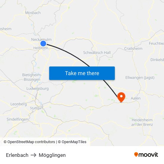 Erlenbach to Mögglingen map
