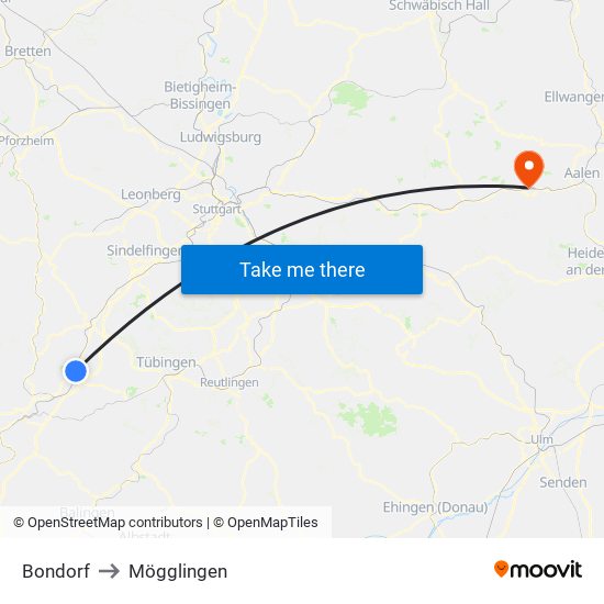 Bondorf to Mögglingen map