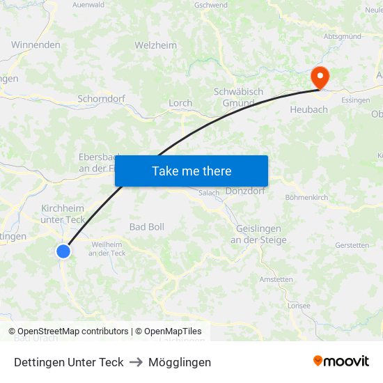 Dettingen Unter Teck to Mögglingen map