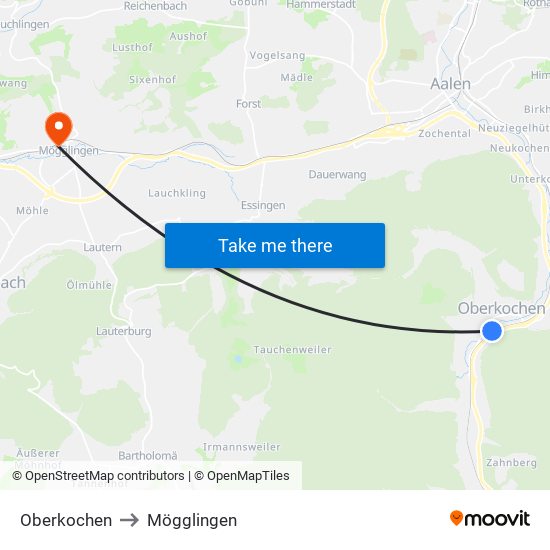 Oberkochen to Mögglingen map