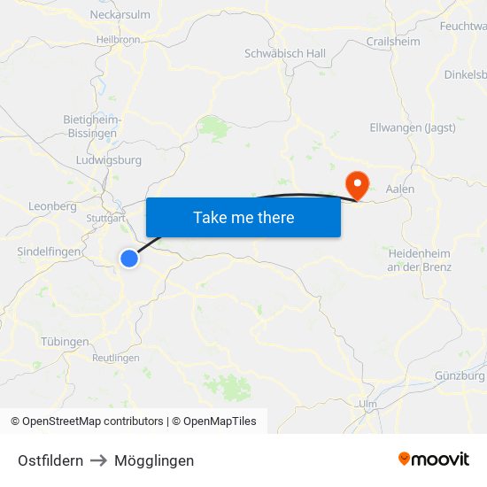 Ostfildern to Mögglingen map