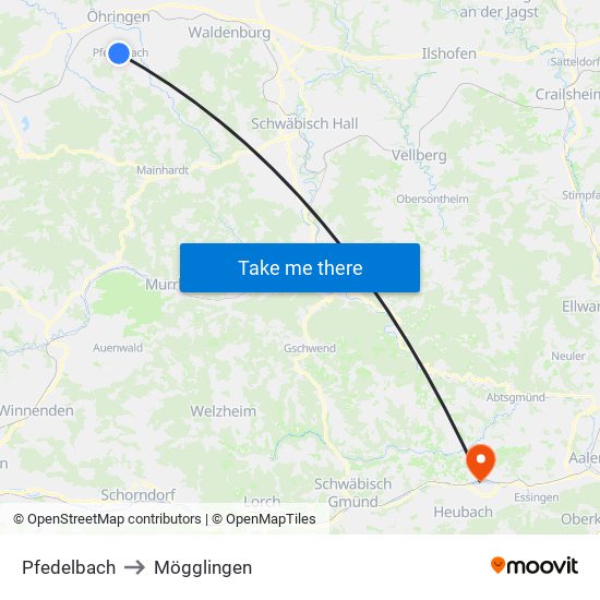 Pfedelbach to Mögglingen map