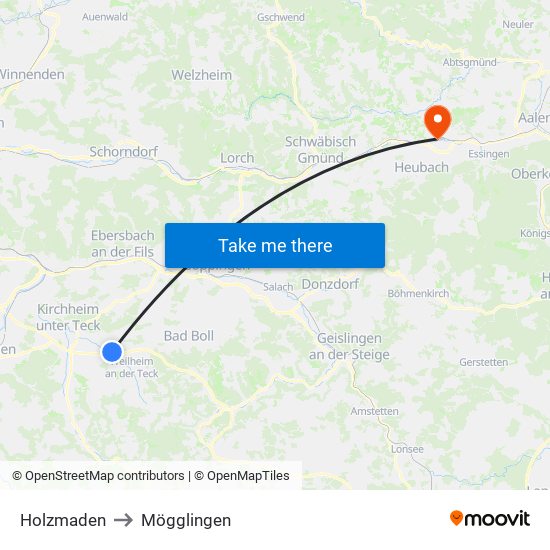 Holzmaden to Mögglingen map