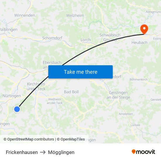 Frickenhausen to Mögglingen map