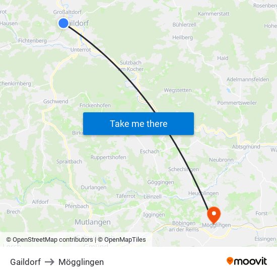 Gaildorf to Mögglingen map