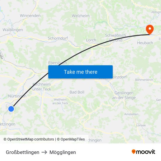 Großbettlingen to Mögglingen map