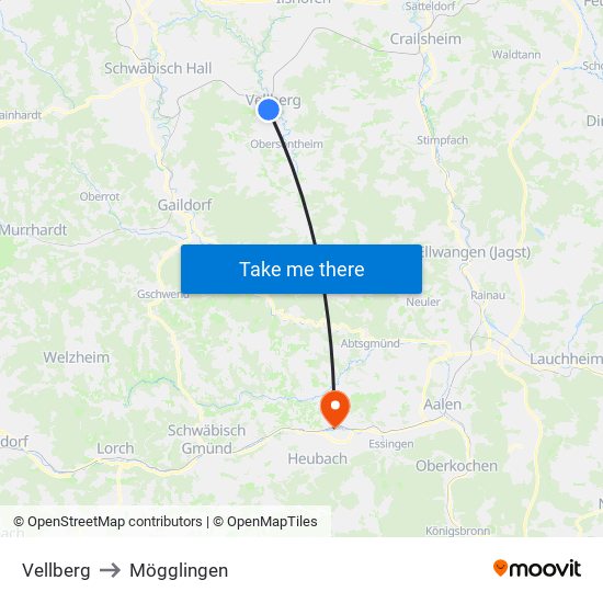 Vellberg to Mögglingen map