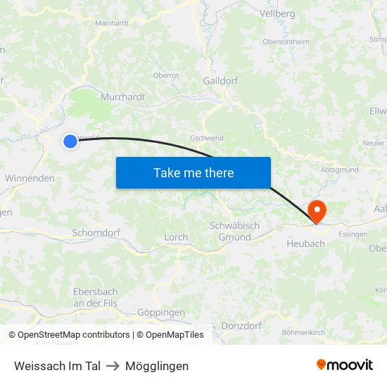 Weissach Im Tal to Mögglingen map