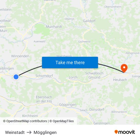 Weinstadt to Mögglingen map