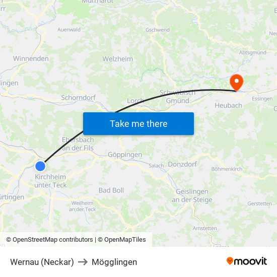 Wernau (Neckar) to Mögglingen map