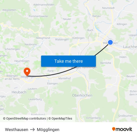 Westhausen to Mögglingen map