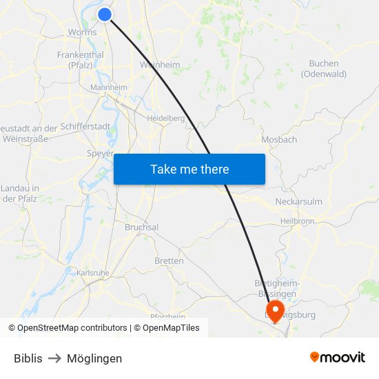 Biblis to Möglingen map