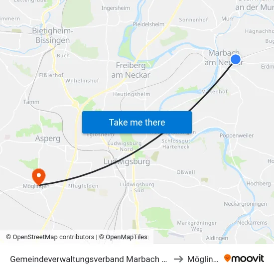 Gemeindeverwaltungsverband Marbach am Neckar to Möglingen map