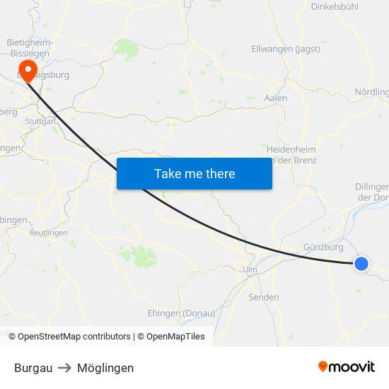 Burgau to Möglingen map