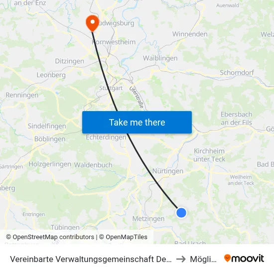 Vereinbarte Verwaltungsgemeinschaft Der Stadt Neuffen to Möglingen map
