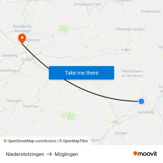 Niederstotzingen to Möglingen map